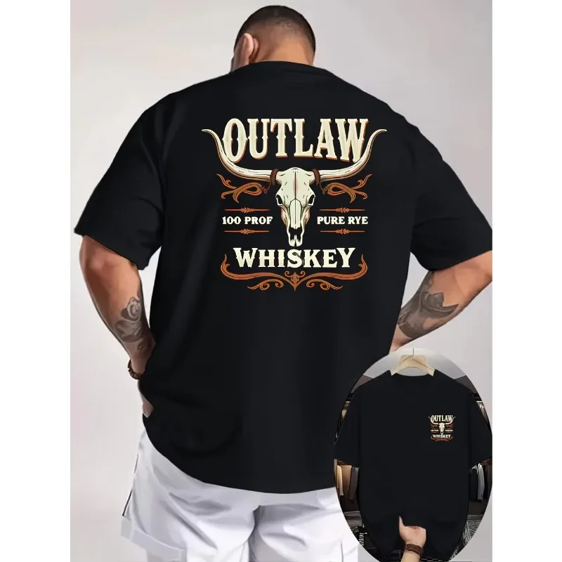 Men's Outlaw Whiskey American Retro Style Cow Skull Print Short Sleeved T-shirt Suitable for All Seasons, Both Men and Women