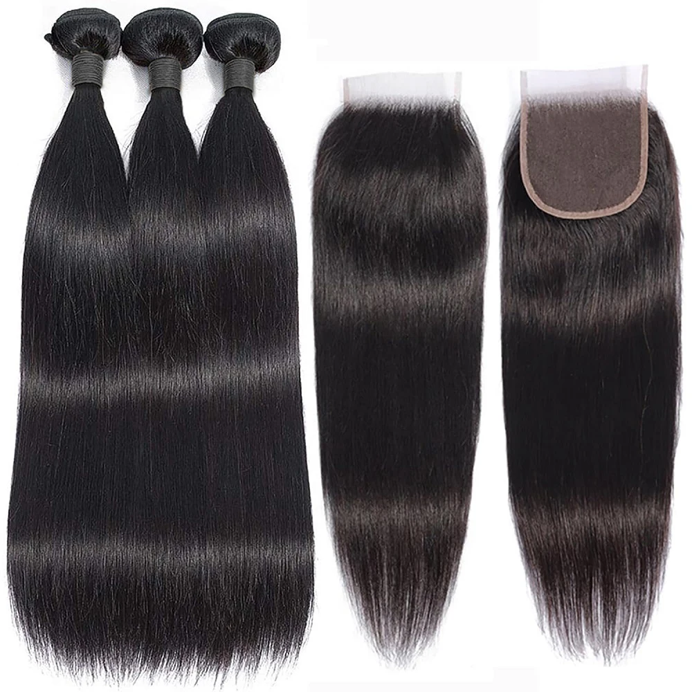 حزم شعر طبيعي مفرود مع إغلاق الدانتيل 4 × 4 حزم عذراء برازيلية غير معالجة 100% شعر بشري خام تسليم 3 أيام