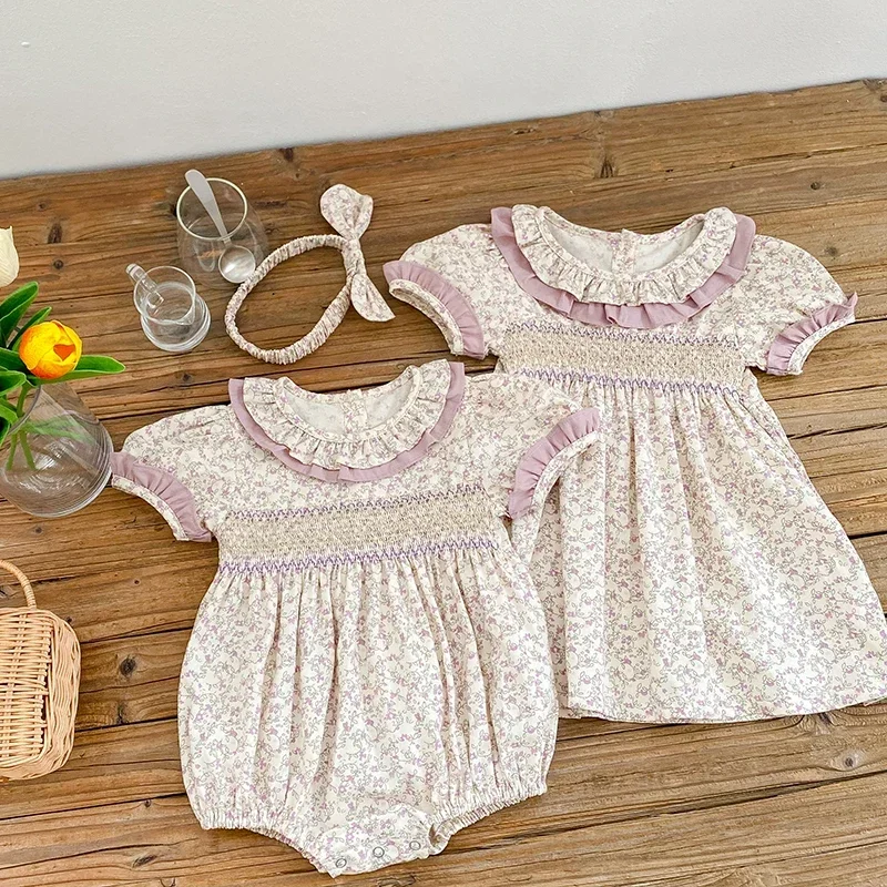 Sister Outfit Summer Girl Baby Romper Toddler Baby Girls Embroidery Dresses Infant Children Cotton Short Sleeve One-piece Romper