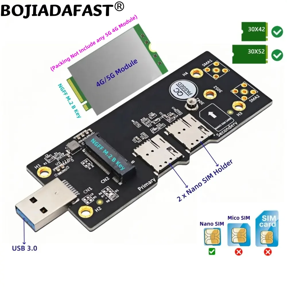 USB 3.0 Type-A to NGFF M.2 B-Key Wireless Adapter 2 NANO SIM Card Slot For 5G 4G LTE Modem Module