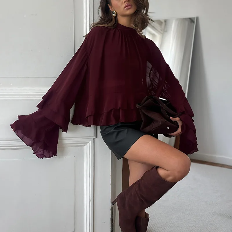 

SuperAen 2025 летние новые топы в европейском и американском стиле, элегантные и модные женские топы с рюшами и воротником-стойкой, расклешенными рукавами