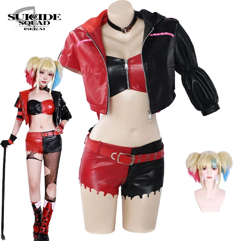 Disfraz de Cosplay de Harley Quinn para mujer, conjunto completo de Peluca de uniforme de Carnaval de Joker, traje de fiesta de Halloween, juego de rol para adultos y niñas