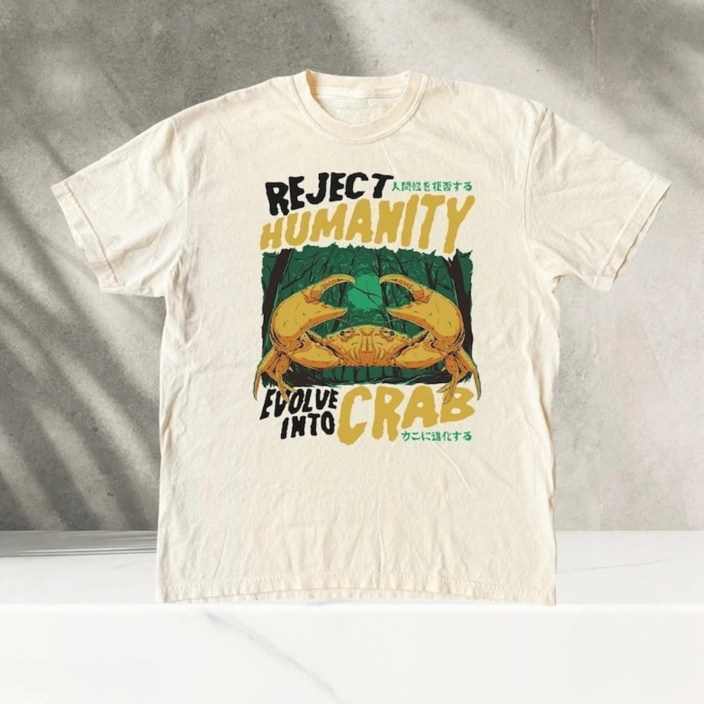 

Funny Shirt Horror Crab Graphic T-Shirt Reject Humanity Meme Tee Spooky Weird Gift For Men Women Unisex Cotton Retro Trendy