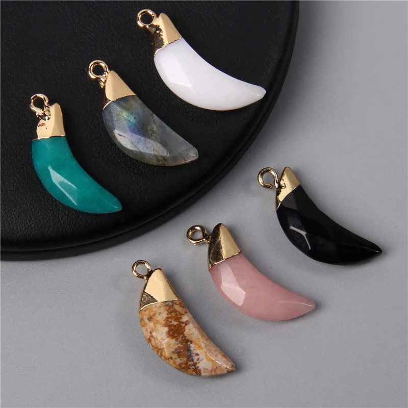 10x27mm 2pcs Fashion Natural Labradorite Quartz Stone Pendant Moon Tooth Pendants Charm Making Healing Necklaces Earring Jewelry
