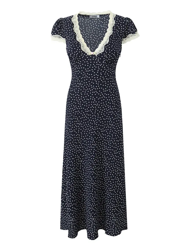 Chic Fashion Lace Polka Dot Long Dress V-neck Sexy Women Dress Navy Blue Vintege Elegant Dresses 2025 New Woman Clothing