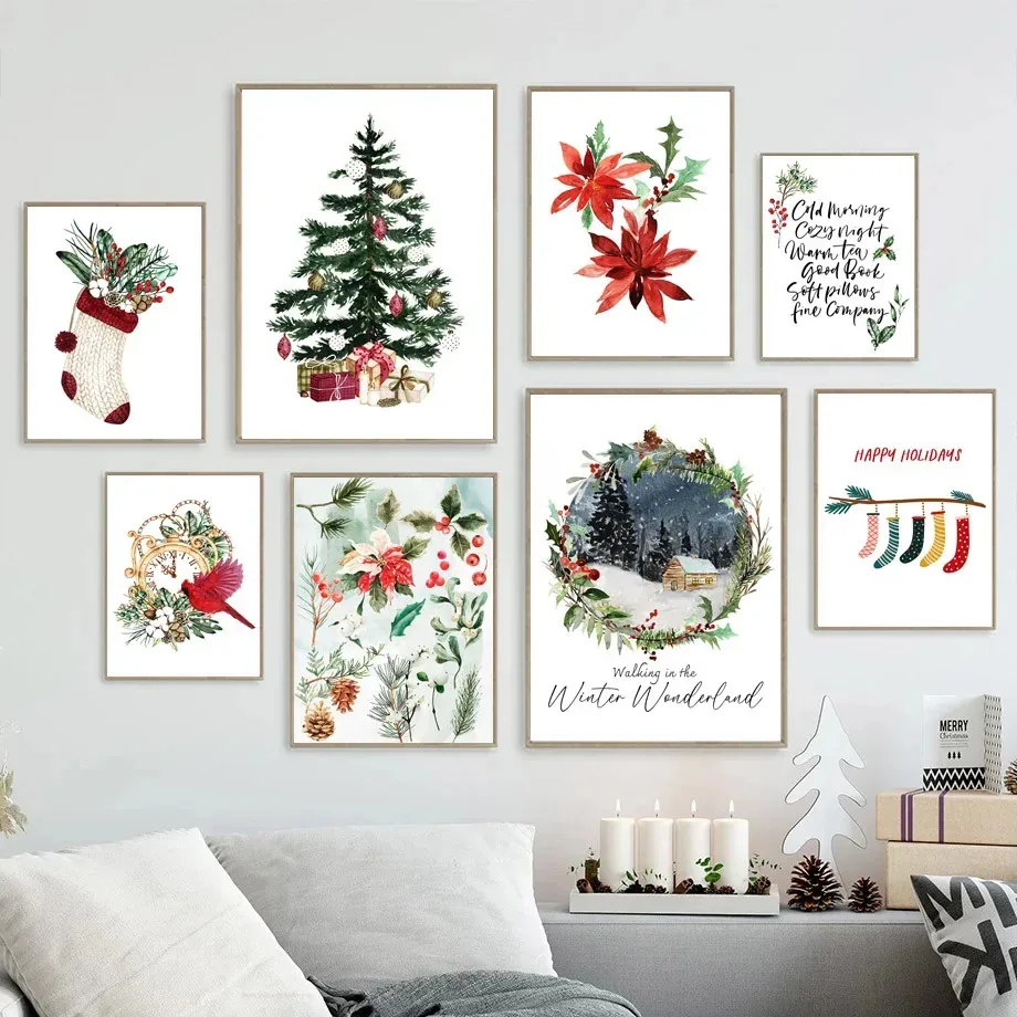 عيد الميلاد موضوع شجرة صنوبر زهرة الطيور البيت الأحمر الثلوج الملصقات يطبع حائط لوح رسم الفن صور لغرفة المعيشة المنزل دي