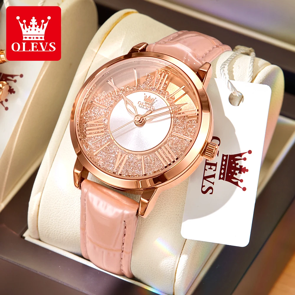 

OLEVS 5539, модные брендовые женские кварцевые часы, кожаные розовые роскошные часы с бриллиантами, струящимся песком, оригинальные водонепроницаемые женские часы