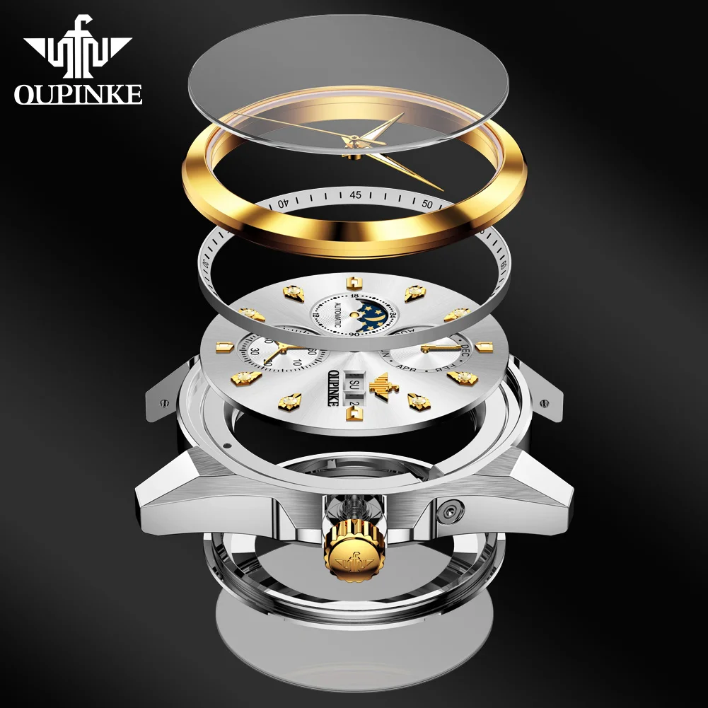 OUPINKE Luxury All Automatic Men Mechanical Watch Men Waterproof Moon Phase Calendar Chronograph Brand Tungsten Steel Watch 3298