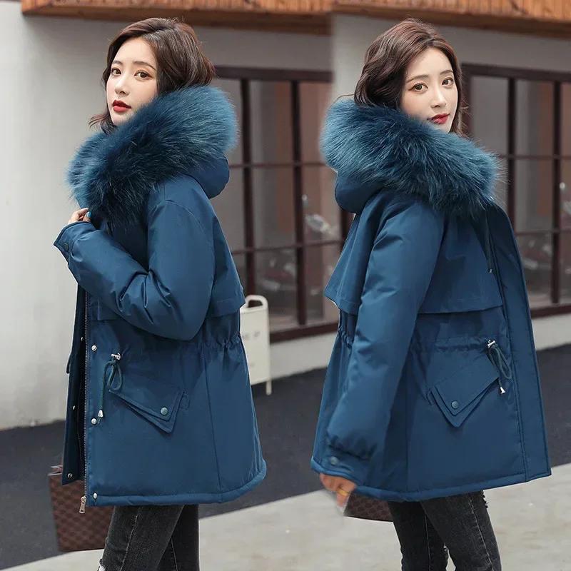 2025 Women Winter Jacket Coat Parkas Winter Clothes Fur Lining Hooded Mid Long Thicke Warm Cotton Padded Jacket Female Outwear