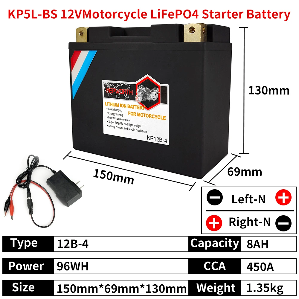 

KP12B-4 Motorcycle LiFePO4 Battery CCA 450A 12V 8Ah Lithium Scooter Start Battery For ATVs UTVs GT12B-4 YT12B-BS UT12B-4 YT12B