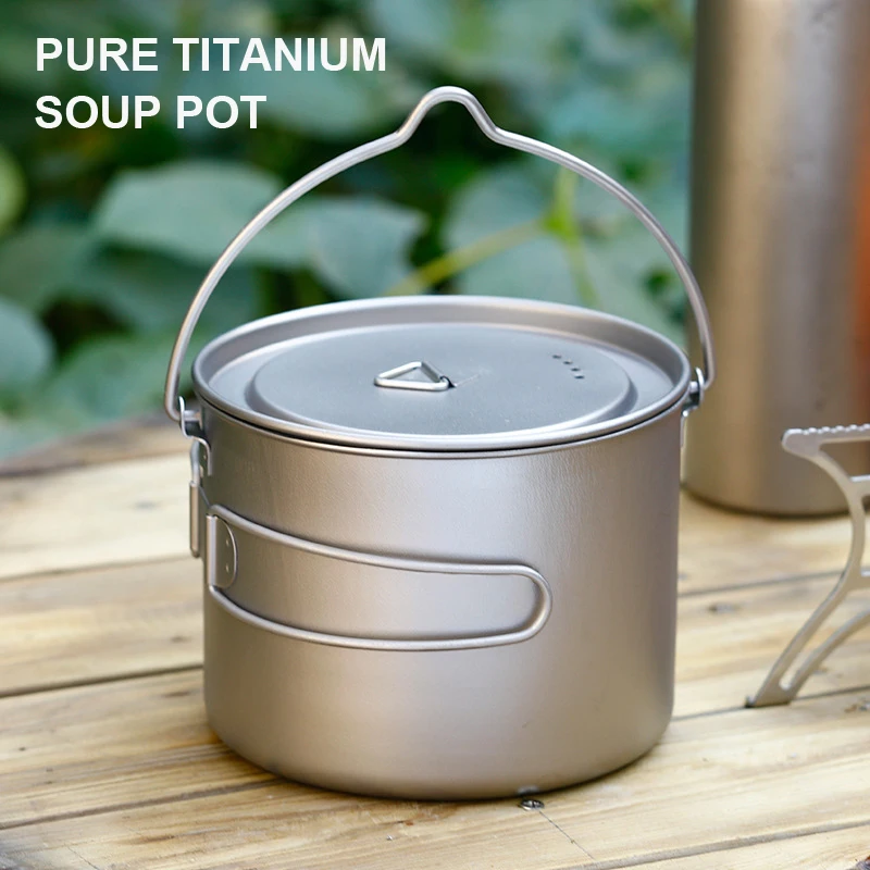 Pure Titanium 1.6L Soup Pot, Large Capacity Folding Handle Hanging Pot,Portable Cooking Utensil For Outdoor Camping Picnic,A1369