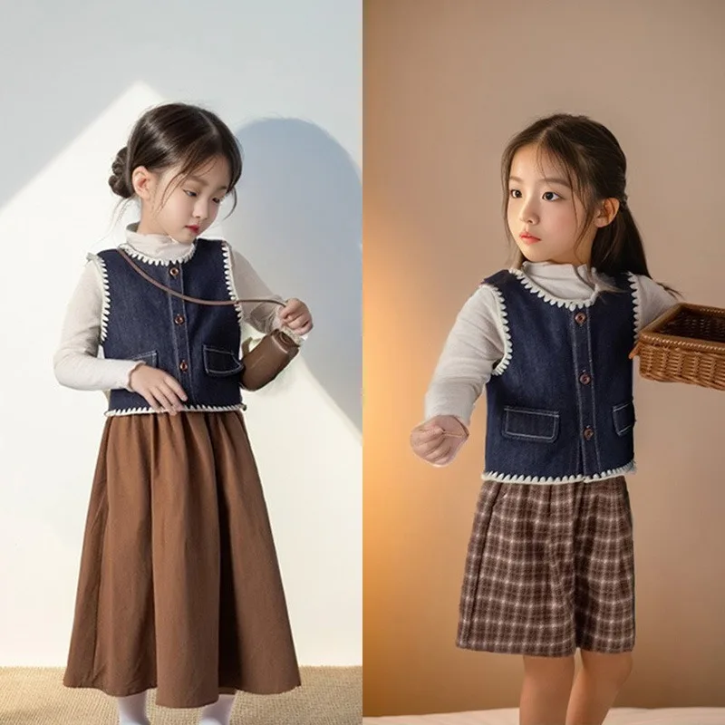 

Girls Korean Waistcoat All Over The Vest New Children's Fashion Casual Denim Vest Girls' Winter Clothes Children's Clothing