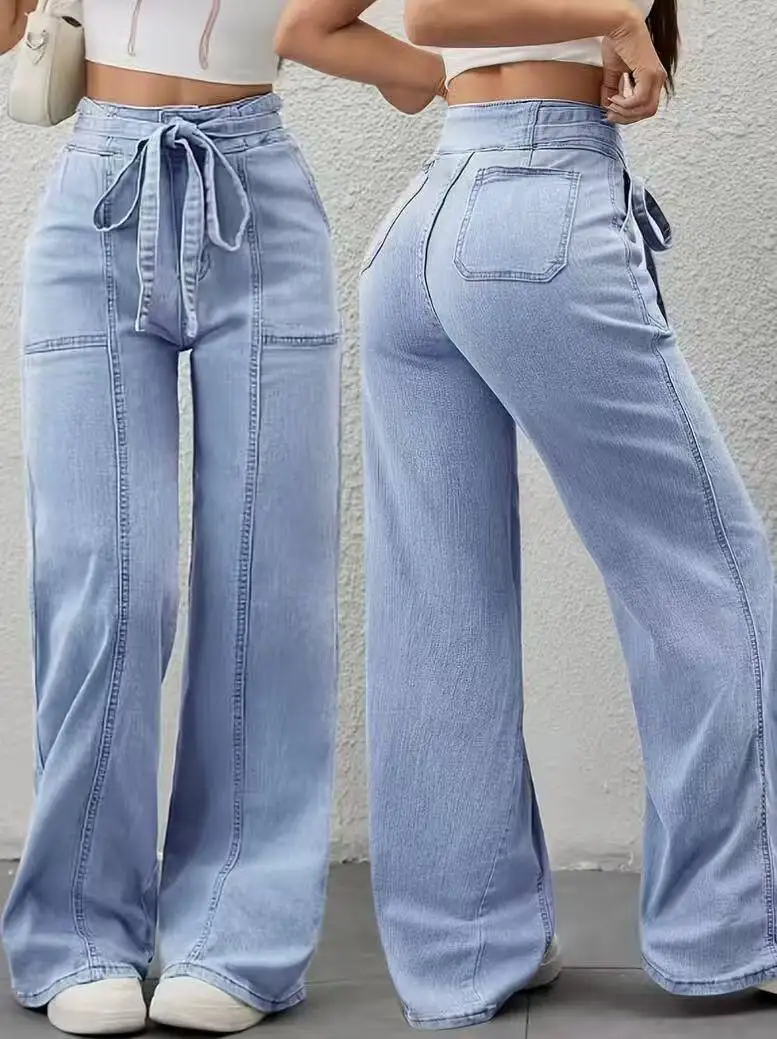 High Waist Belted Wide Leg Pants for Women with Large Patch Pockets And Splicing Stitching Design