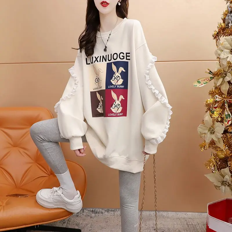 2023 New Spring and Autumn Seasons Cute Age Reducing Round Neck Print Lace Long Sleeve Loose Oversize Design Feel Panel Sweater