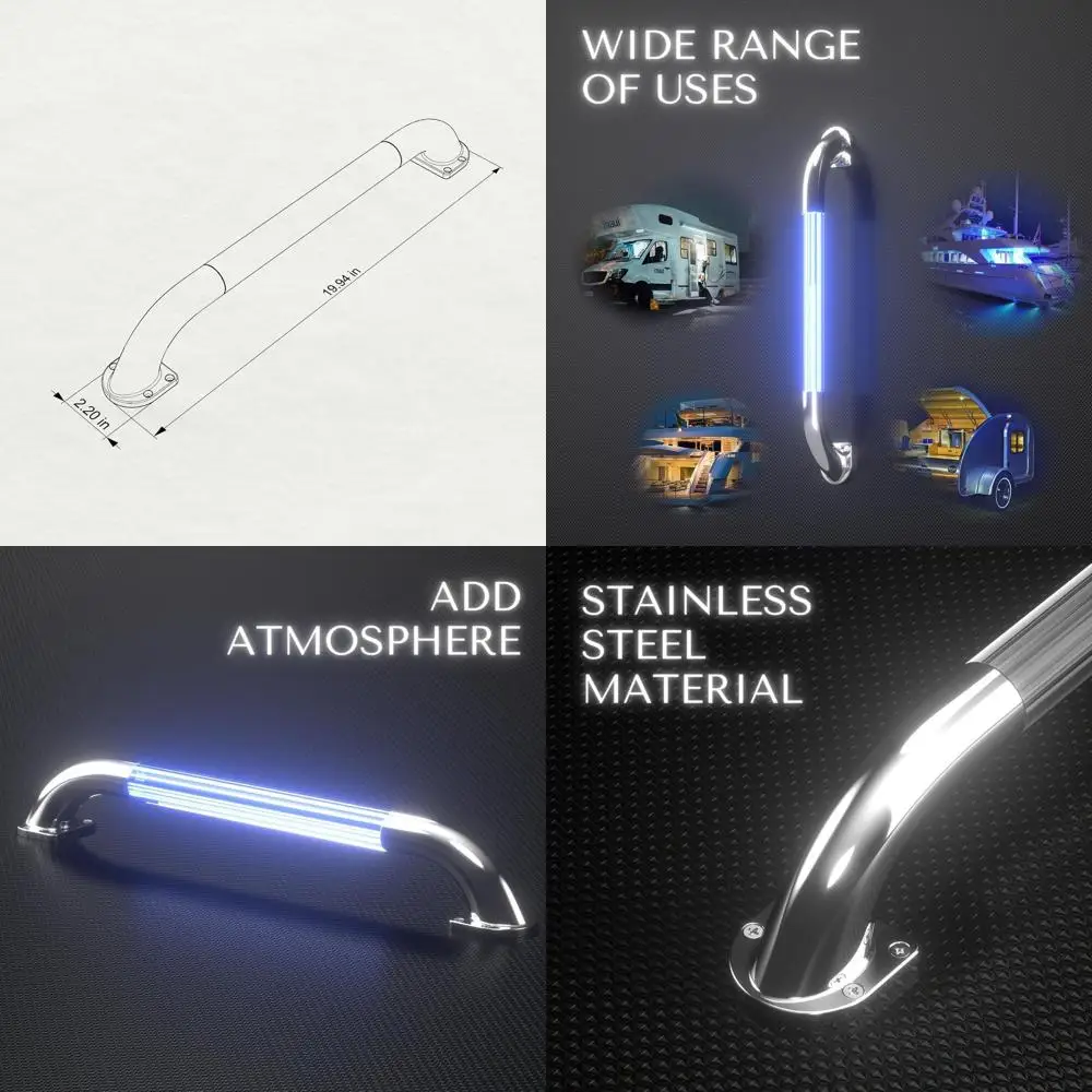 مقبض باب RV LED أزرق، مقبض باب RV للتخييم مقاس 18 بوصة، بديل درابزين مصقول للمرآة لليخوت البحرية