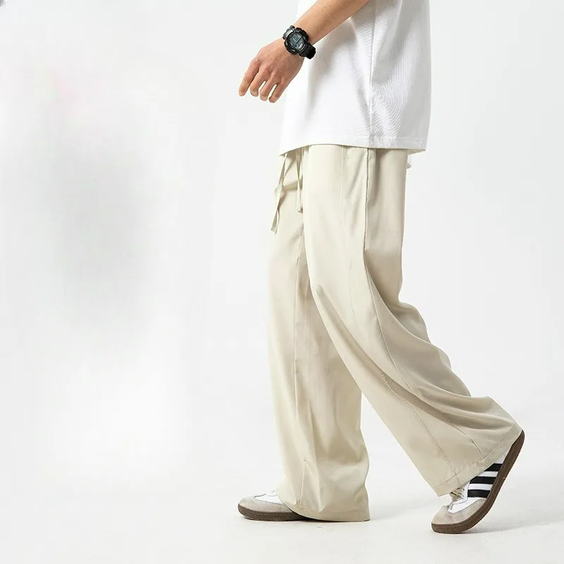 Cool Ice Silk Casual Men Summer Style Light Thin Pants Loose Straight Solid Color Basic Versatile Wrinkle-resistant Long Pants