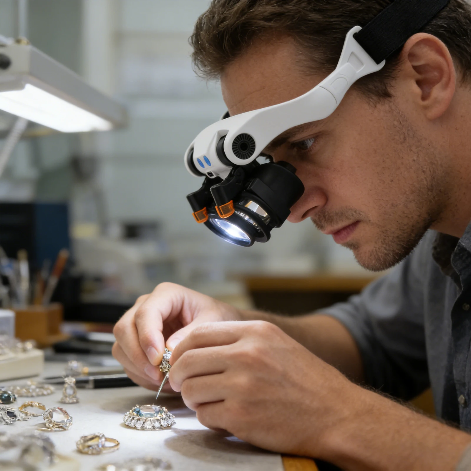 Illuminated Magnifying Eyes Glass with LED Light with 10 Interchangeable Lenses for Jewelry Soldering Craft Electronics Repair