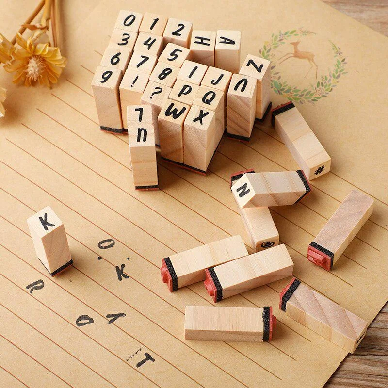 40Pcs Alphabet Stamps Vintage Wooden Rubber Letter Number Symbol Stamp Set with Black Ink Pad for Card Making Planner Scrapbook