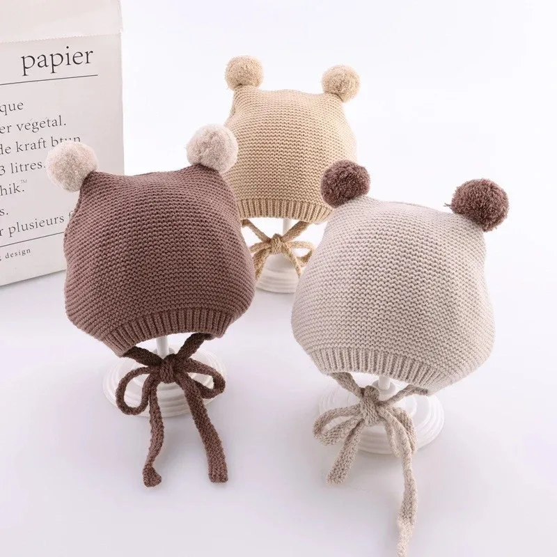 Autumn Winter Warm Knitted Baby Hat Soft Double Pompom Newborn Toddler Beanies Cap Solid Color Crochet Infant Girl Boy Bonnet