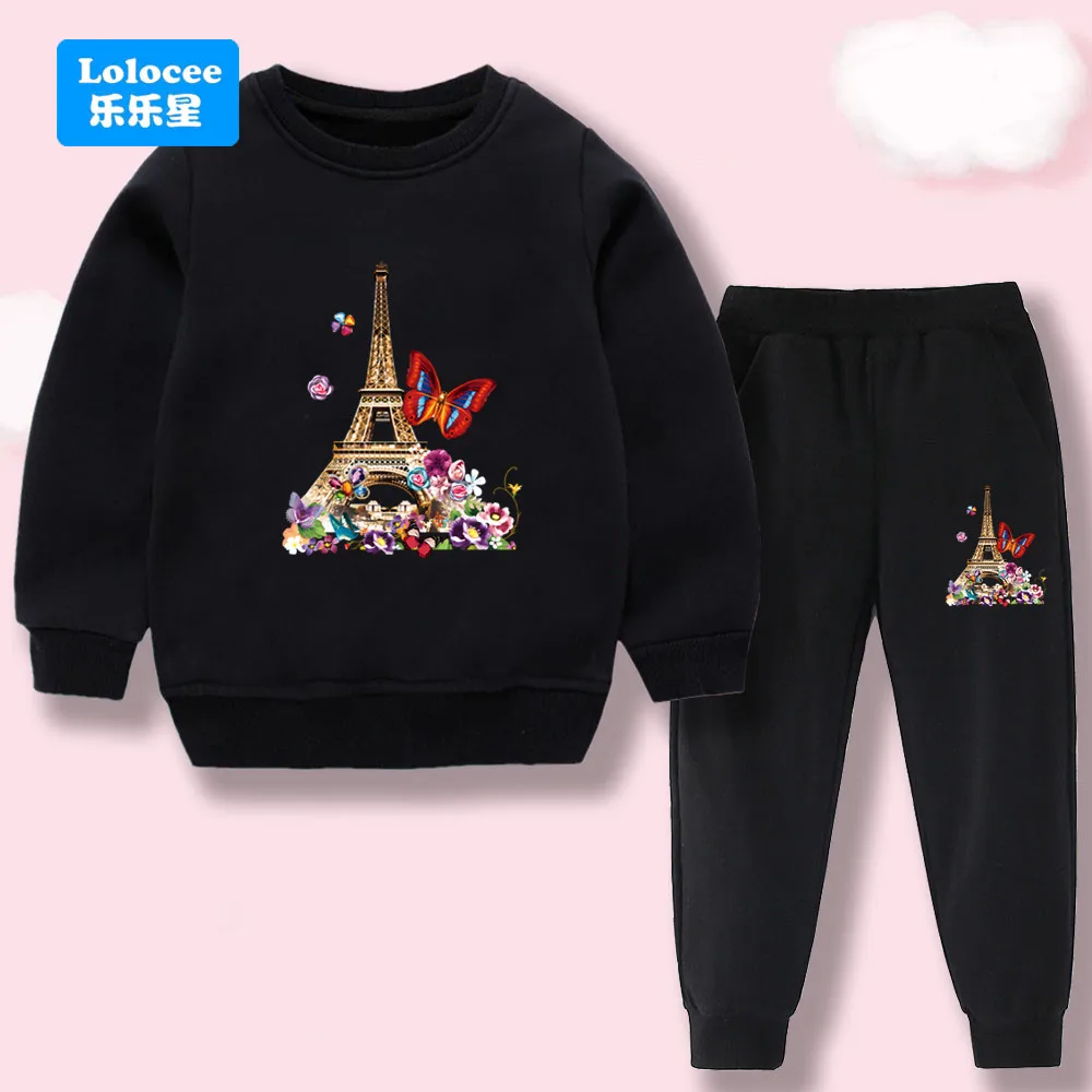 Girls 2‑Piece Outfit Eiffel Tower Butterfly Floral Print Kids Crew Neck Sweatshirt + Sweatpants Casual Clothing Set