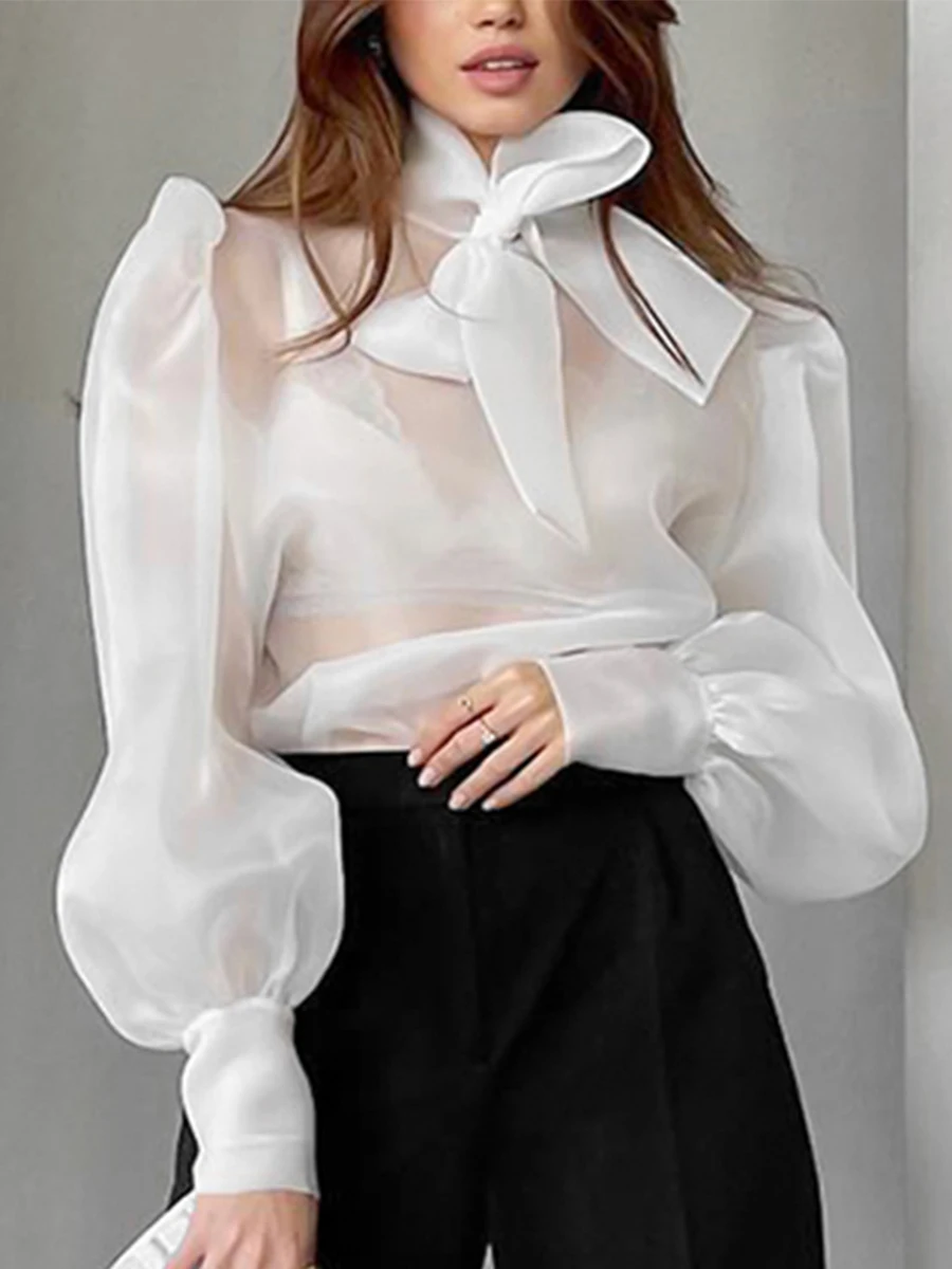 Nueva Blusa Elegante de Malla Transparente para Mujer, Estilo Francés, Camisa de Organza con Lazos, Manga Farol, Botones, Casual 64072