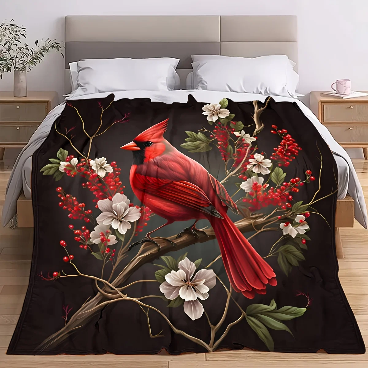 Black Background Red Cardinal Branch White Floral Throw Blanket Single Wild Bird Art Print Elegant Indoor Bed Sofa Decor Cover