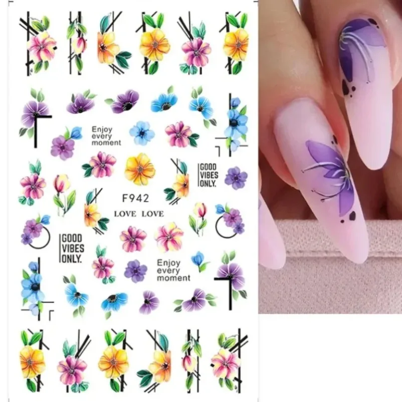 Colorful Flower 3D Nail Stickers Green Leaf Floral Daisy Spring Nail Art Water Decals Sliders Manicure Butterfly Nail Tips Decor