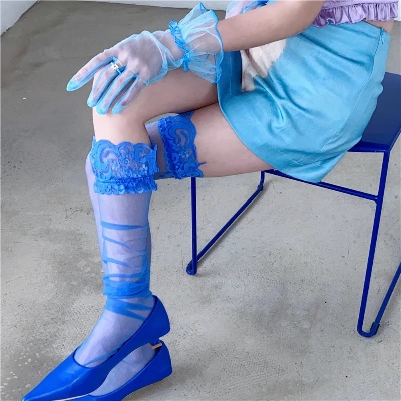 Lolita Blue Flower Lace Long Socks Stacked Sock Sheer Ultra Thin Silk Stockings Women Sexy Fashion Summer Knee High Slouch Socks