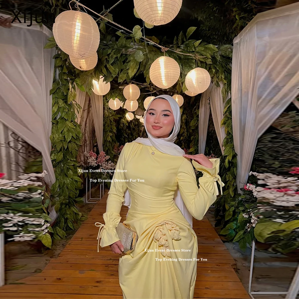 

Xijun Baby Yellow Chiffon Evening Dresses Saudi Arabric 3D Flowers Prom Dresses Long Sleeves Muslim Dubai Prom Gowns Customized