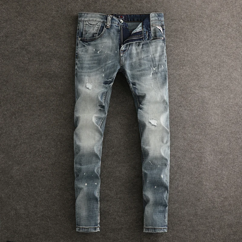 

Italian fashion new jeans scratch elastic slim fit washed water nostalgic retro blue men's jeans hip-hop high-quality pants homb