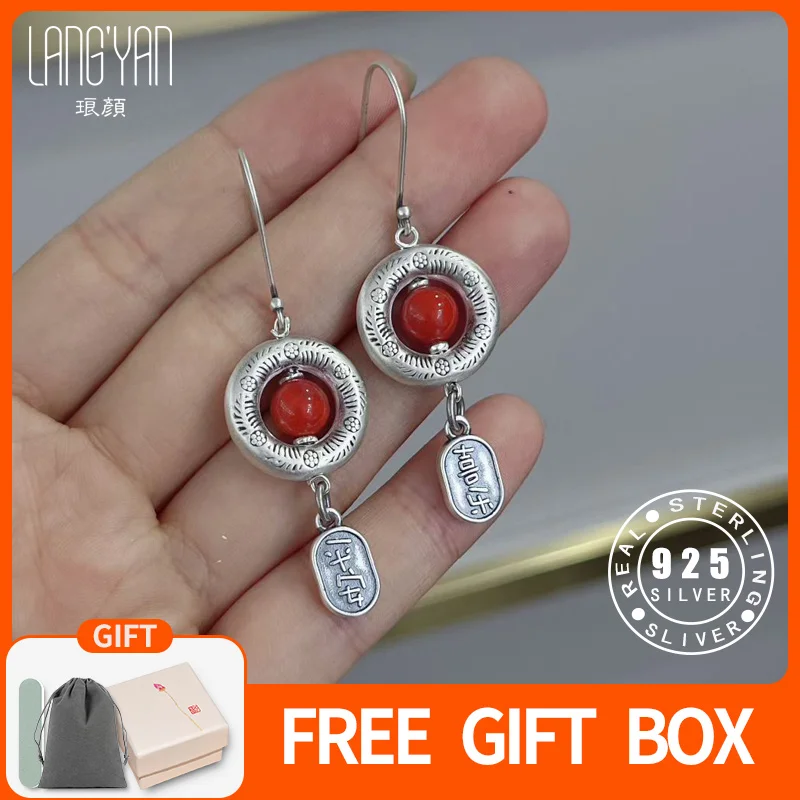 

Langyan, круглые висячие серьги из стерлингового серебра 925 пробы, женские винтажные серьги из натурального красного агата, ювелирные изделия в китайском стиле, подарок EH304