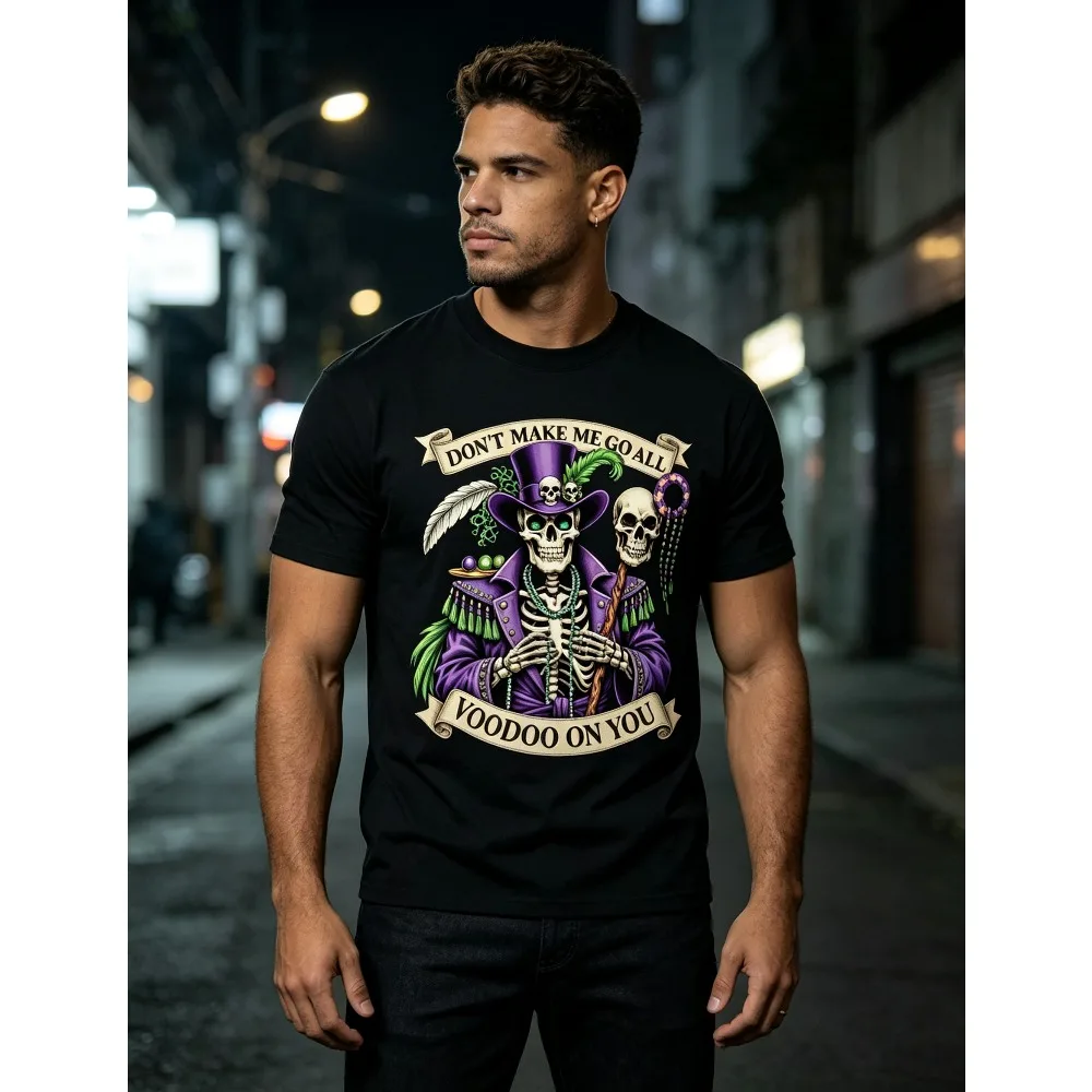 2026 New Unisex O-neck T-shirt Vintage Voodoo Wizard Skull Front Print Bead Feather Scepter Element Banner English Slogan