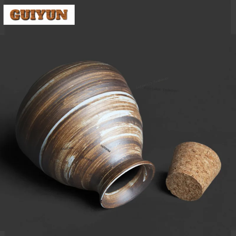 480ml Handmade Coarse Pottery Powder Yin Ring Stripe Cork Wine Bottle Household Creative Rice Wine Sake Special Wine Divider