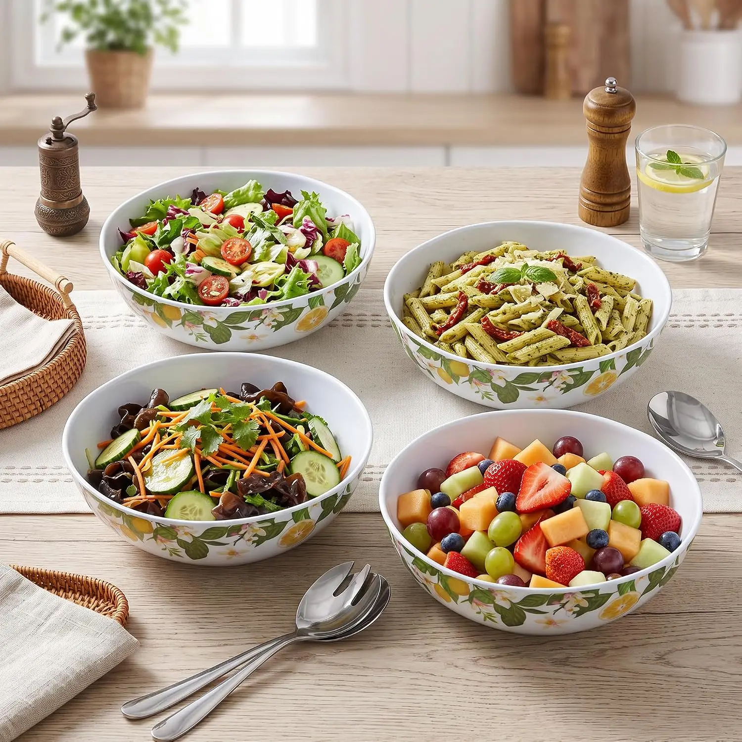 Melamine Pasta Bowls Set of 4 7.5 Inch 2 Inch Deep Lemon Salad Bowl Stackable Dishwasher Friendly for Pasta Soup Tableware