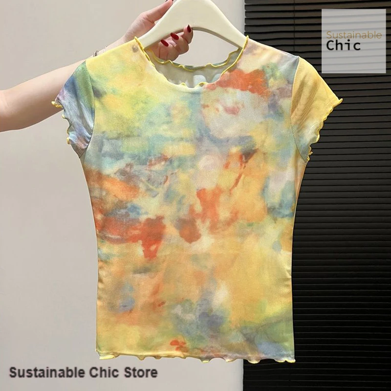 Korean-style oil painting double-layer gauze T-shirt women's summer new fashion slim smudge printed temperament casual top