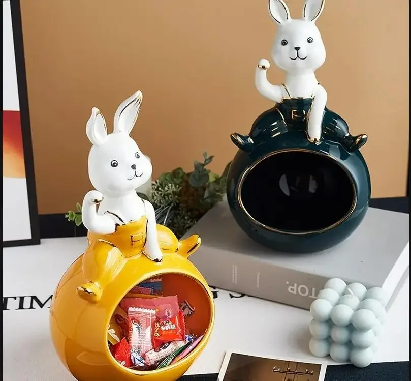 

Ceramic Rabbit Storage Ornament Desktop Storage Box Decoration Crafts Statuette Knickknacks Figurines Key Plate Snack Box