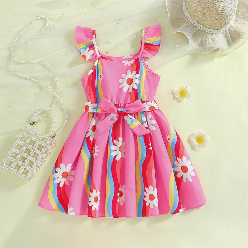 Sweet and Elegant Young Girl\'s Flying Sleeve and Knee-Length Dress with Belt Decoration Design and Flower Pattern