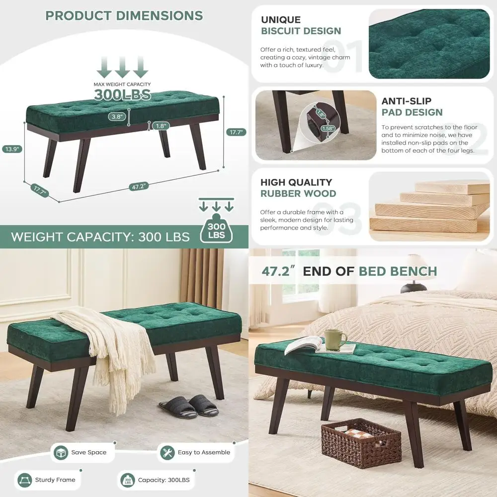 Green Upholstered Entryway Bench with Padded Seat and Rubber Wood Legs for Bedroom, Living Room, Mudroom, and Hallway