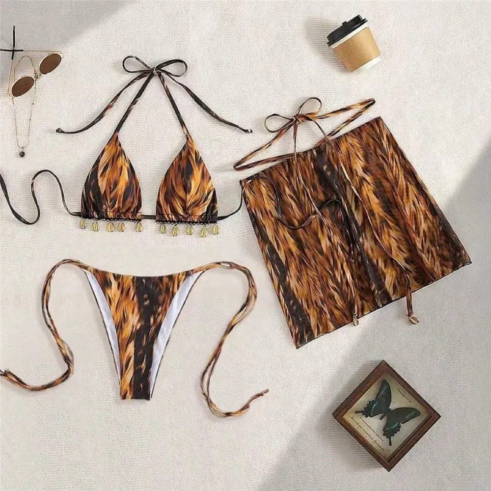 

Vintage Print Halter String Triangle Bikinis Sets 3 Pieces Cover Ups Bead Tassel Swimwear Micro Thong Sexy Swimsuit Women 2026