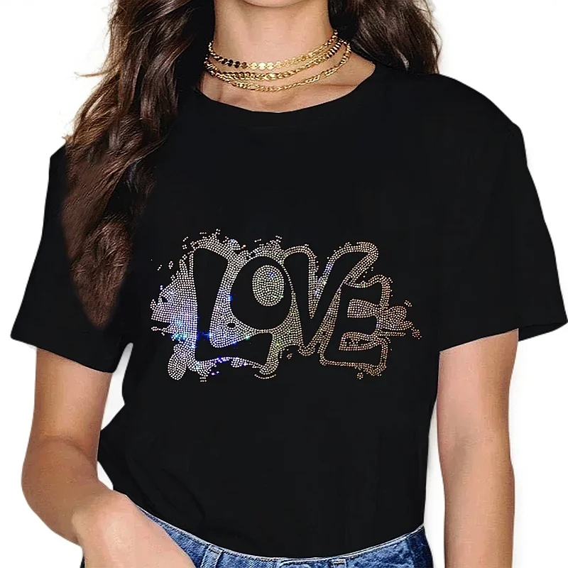 NEW high-quality Geometric diamond love women's T-shirts spring summer short-sleeved hot stamping diamond flash girls T-shirt