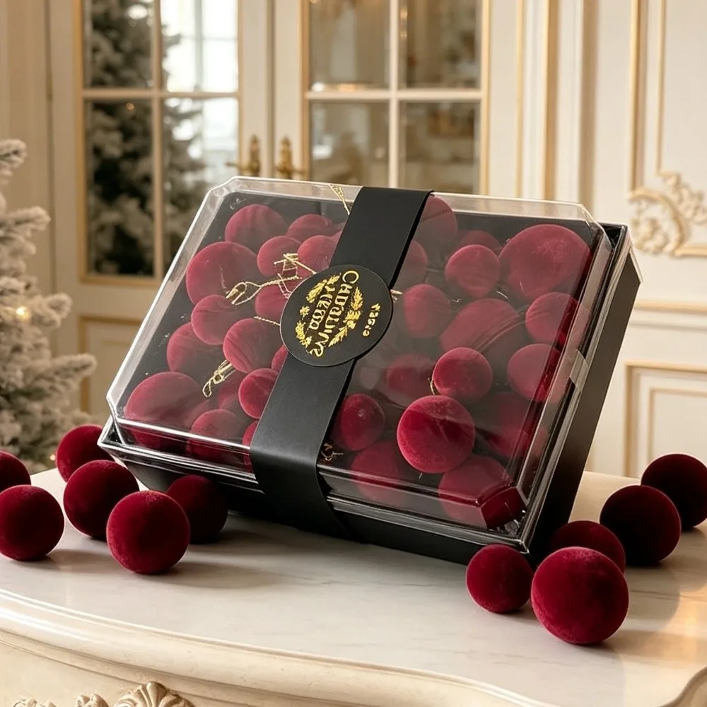 42/44pcs Flocked Christmas Ball Ornament Set Gift Box 3/4/5cm Wine Red Christmas Tree Hanging Balls Creative Velvet