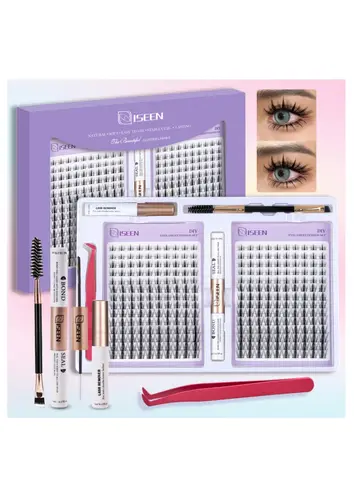 ISEEN DIY Eyelash Extension Kit Cluster Mix Eyelashes Full Set Lashes Kit with Lash Bond & Seal and Eyelash Tweezers and Brush