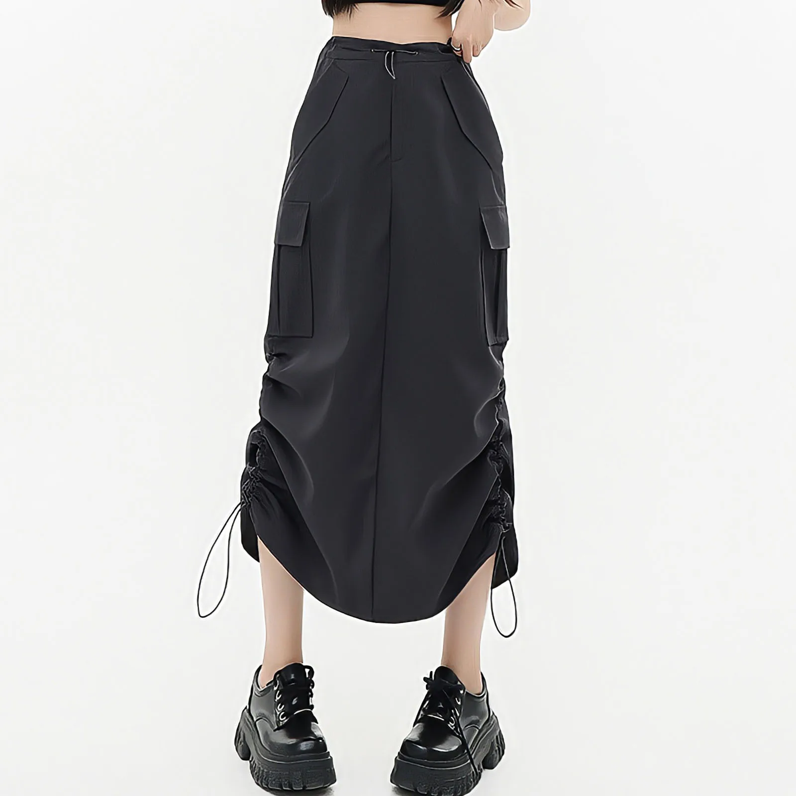 

Women's Black Pocket Straight Cargo Long Skirts, Vintage Streetwear, Drawstring Split, High Waist, Casual Loose Y2k Skirt, New