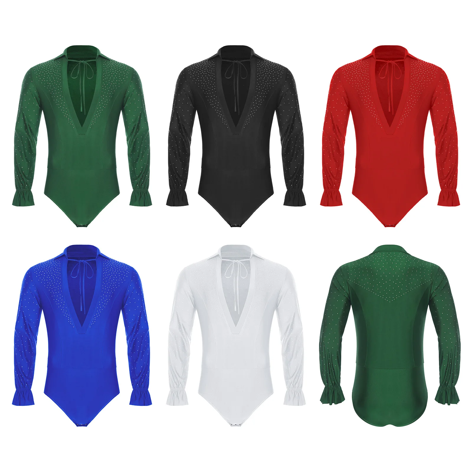 Mens Latin Jazz Dance Leotard Deep V Neck Long Sleeve Glitter Rhinestones Open Crotch Bodysuit for Ballet Dance Prince Dancewear