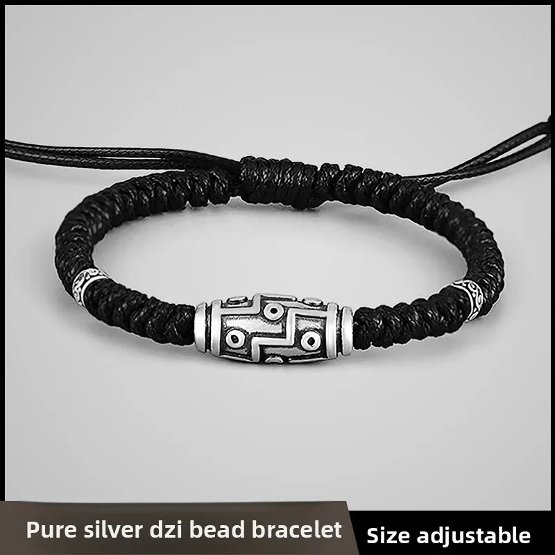 

Nine eyed Tianzhu Bracelet for Men S999 Pure Silver Transfer Bead Vintage Chinese Style Weaving Hand Rope Gift for Boyfriend