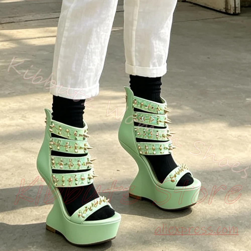 Open Toe Wedge Sandals Irregular Curved Heel Multi Strap Spike Rivet Leather Back Zip Gothic Punk Stage Festival Solid Color New
