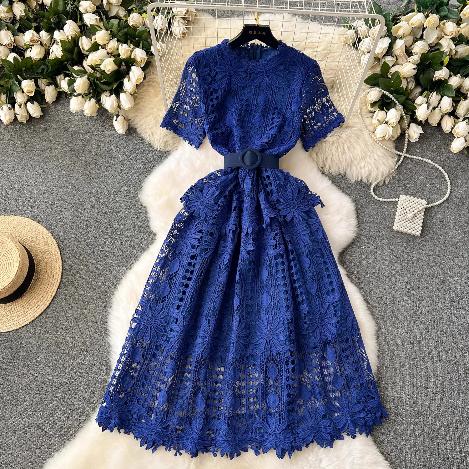 Runway Crochet Hollow Out Pink Midi Lace Dress for Women 2024 Summer Short Sleeve Embroidery Party Dress Elegant Holiday Robe