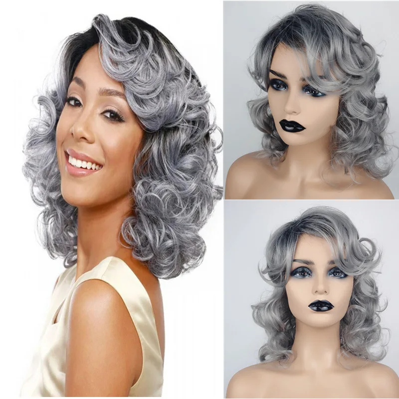 

European and American style women's wig with side parting, realistic long curly hair, cosplay granny gray dyed full headpiece