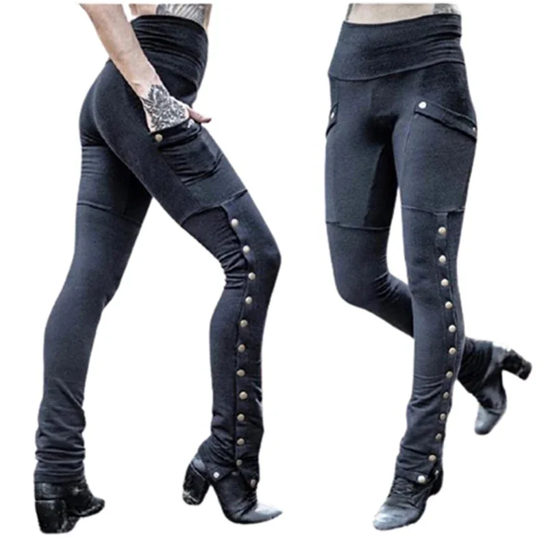 

Костюмы на Хэллоуин для женщин, средневековые готические брюки в стиле стимпанк с заклепками и разрезом, эластичные брюки-карандаш с карманами, S-5XL