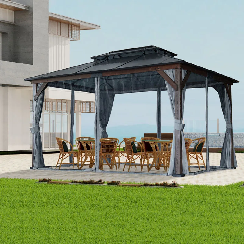 Hardtop Wood Gazebo Patios Outdoor  Framed Gazebo Polycarbonate Double Roof Canopy Solid Wooden Framed Gazebo Privacy Curtains